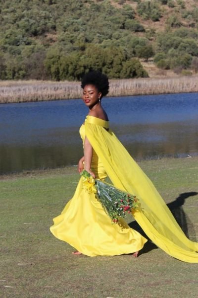 off shoulder yellow wedding dress